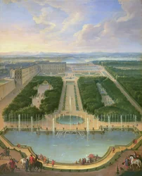 Perspektivvy av slottet i Versailles sett från Neptunusfontänen, 1696